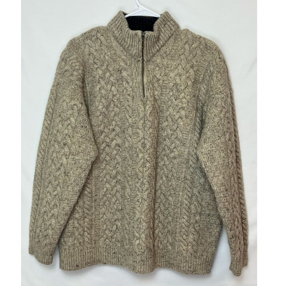 Aran Woollen Mills Women’s XL Tan 100% New Wool ¼-Zip Sweater Pullover Rustic